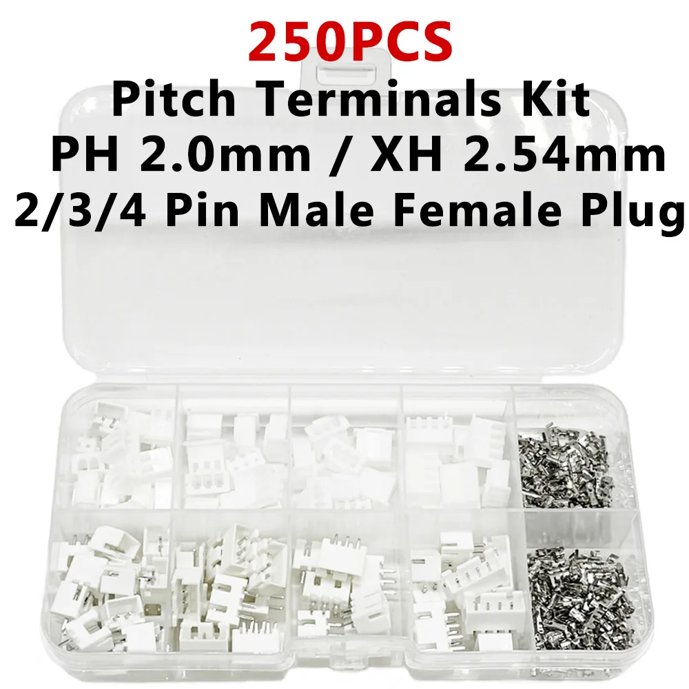 250pcs XH2.54 Terminal Kit 2P 3P 4Pin 2.54mm Pitch Pin Header JST Connector Wire Adaptor Housing for Electronics