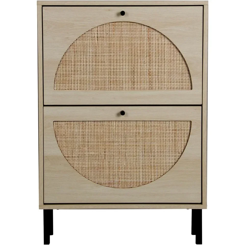 

Natural Rattan Shoe Cabinet with 2 Flip Drawers, Entrance Hallway Free Standing Shoe Racks with Metal Legs for Heels