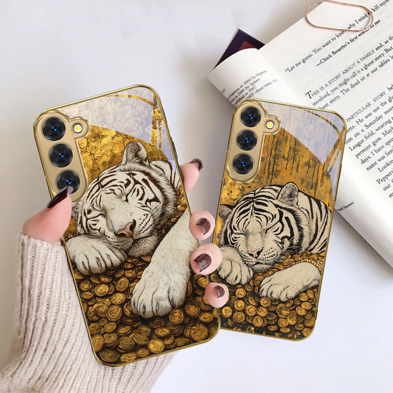 The miserly white tiger For Samsung Galaxy S26 S20 FE S21 S22 S23 Plus S24 Ultra S25 Ultra S21 S25 S22+ Golden glass phone case