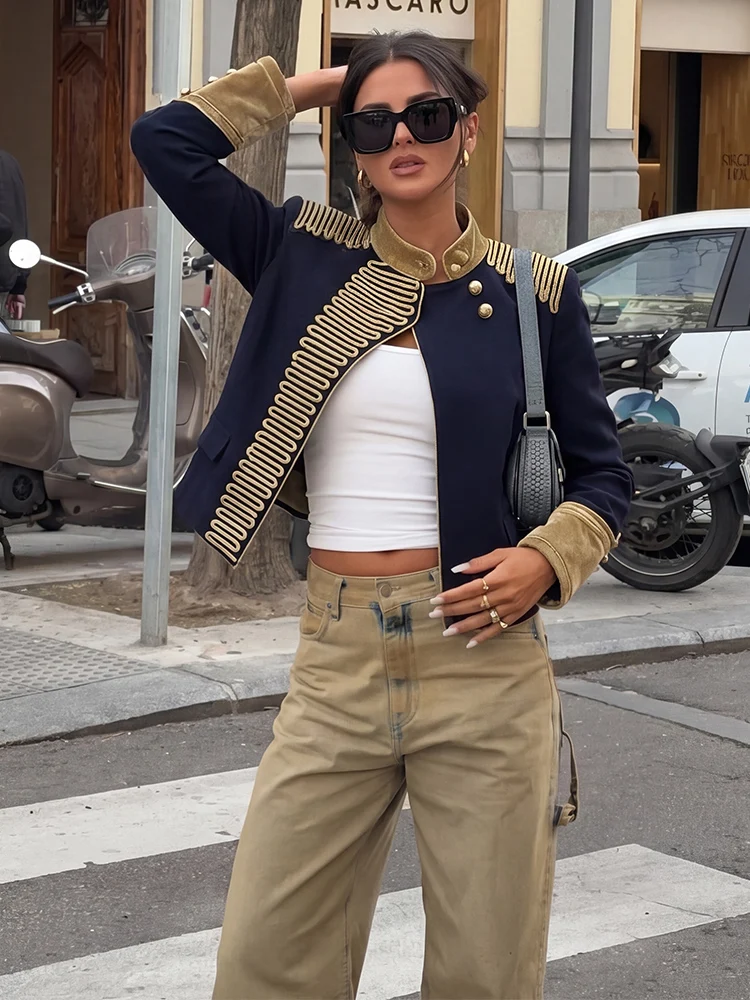 HH Vintage Women's Napoleon Style Slim Jacket 2026 Elegant Gold Braid Embellished Crop Coat Female Military Highstreet Outwears