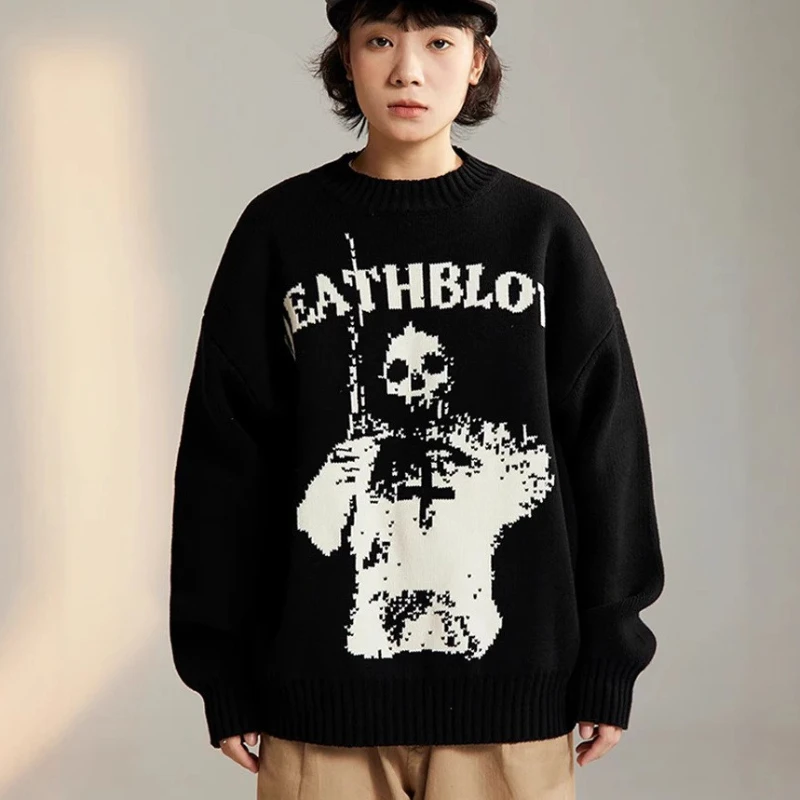 Y2k Winter Warm Halloween Oversized Sweater Women's Top Long Sleeve Jumper Knitted Skull Coat Autumn Korean Gothic Harajuku Hood