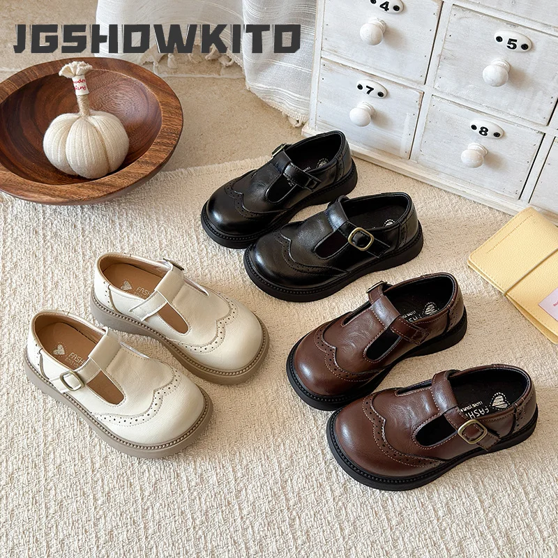 JGSHOWKITO Girls Mary Jane Shoes Autumn T-Strap Kids Brogue Leather Shoes Soft Sole Retro Style Princess School Party Flats Chic