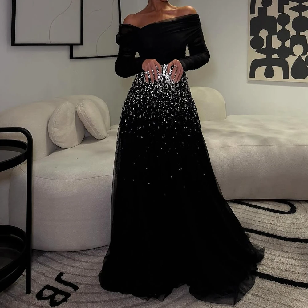 Customized Mermaid Evening Dresses Floor-length Off The Shoulder Full Sleeve Prom Gown Fashion Crystal Simple Draped Party Gown image 3