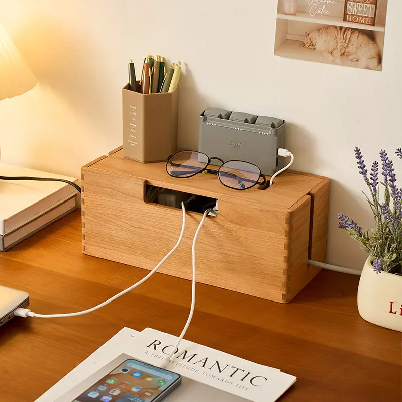 Premium Sturdy Cherry Wood Power Strip & Router Storage Box, Cable Management Organizer for Desktop, Concealment Socket Holder