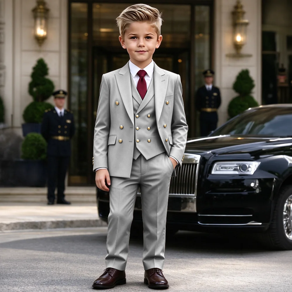 3-Piece Boys' Suit: Double-Breasted Blazer, Trousers, and Vest – Wedding Tuxedo with Peak Lapel (Custom-Made)