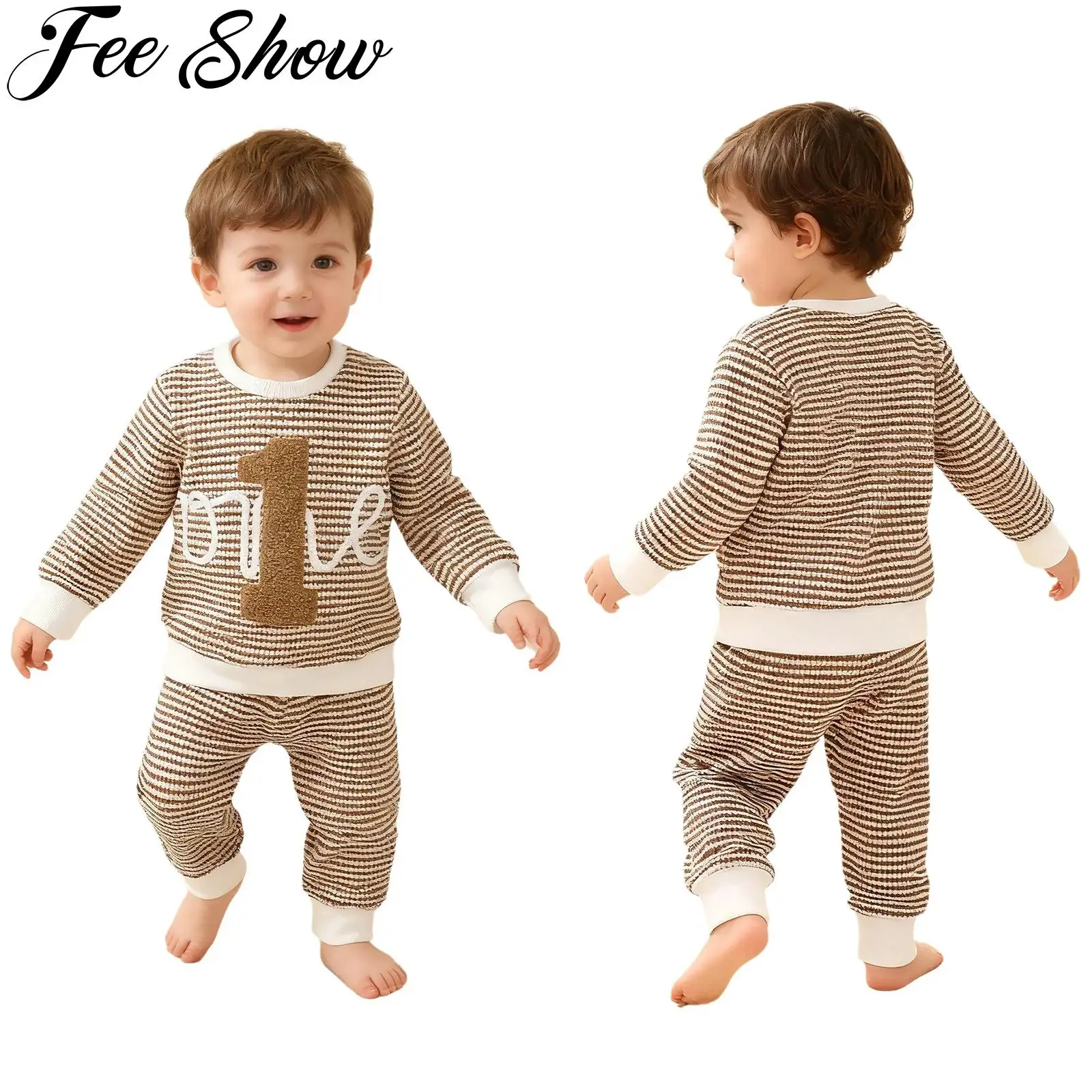 

Одежда для маленьких мальчиков и девочек, весенне-осенний полосатый пижамный комплект, пуловер с длинными рукавами, топ и штаны, домашняя одежда для вечеринки в честь первого дня рождения