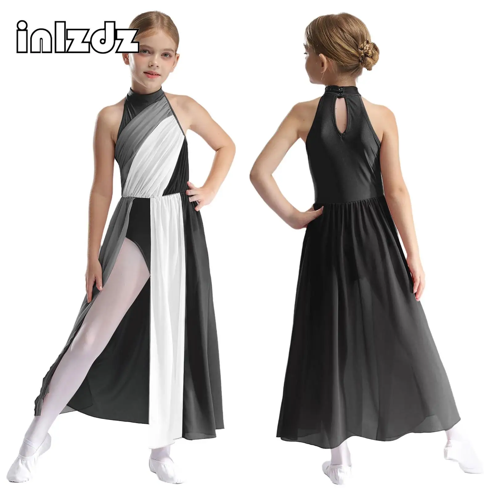 

Kids Girl Lyrical Dance Dress Color Block Mesh Split Maxi Dress Ballet Figure Skating Gymnastics Leotard Performance Costume