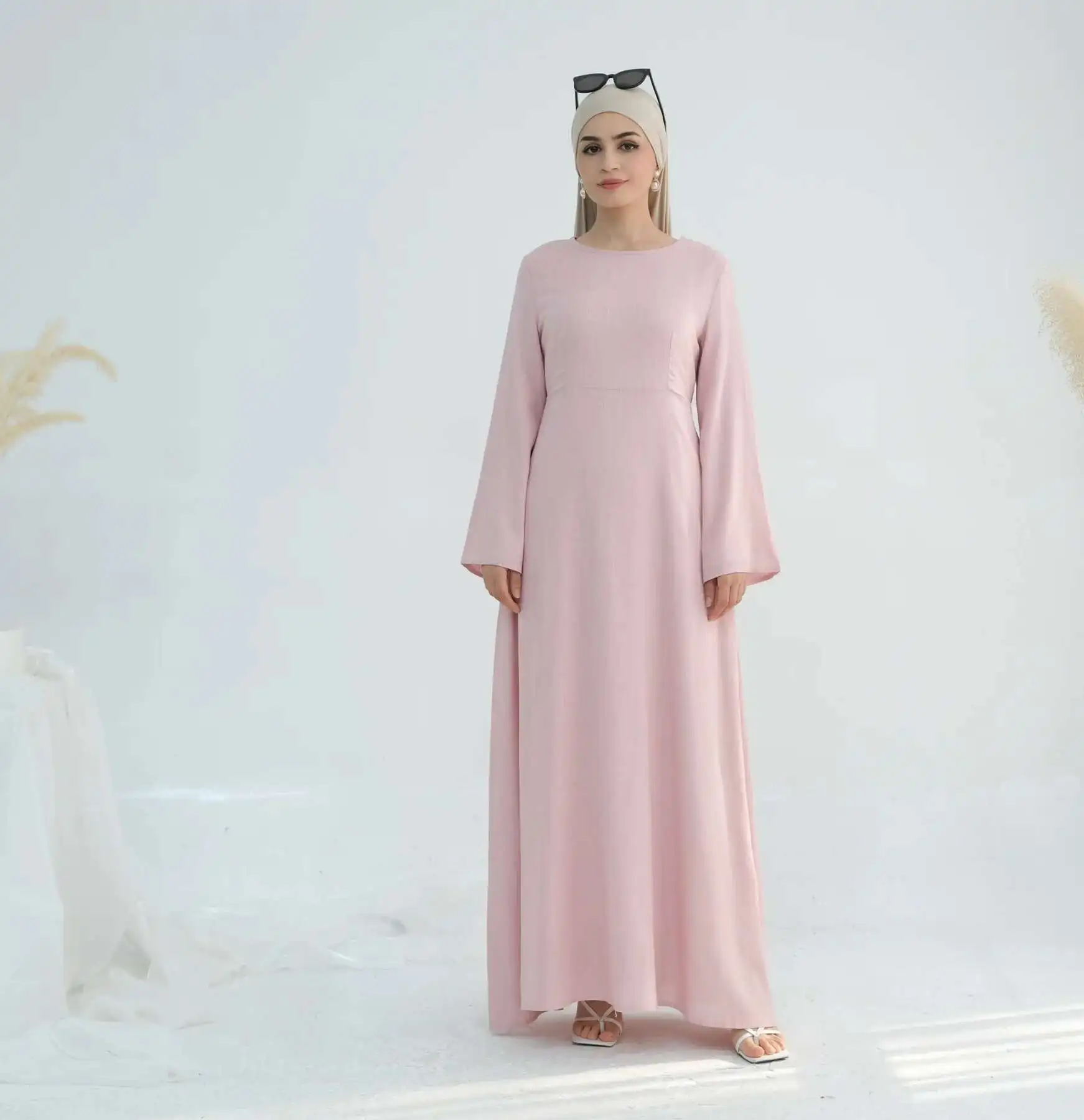 2025 Loriya Dubai Türkiye Solide Baumwolle Hanf Taille Robe Lr947 Muslimischen Langes Kleid Robe Abaya Ramadan Dubai Luxus Islam Elegant