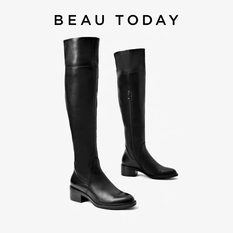 

BEAUTODAY Long Boots Women Cow Leather Sewing Round Toe Solid Color Zipper Over Knee Ladies Shoes Handmade 01409
