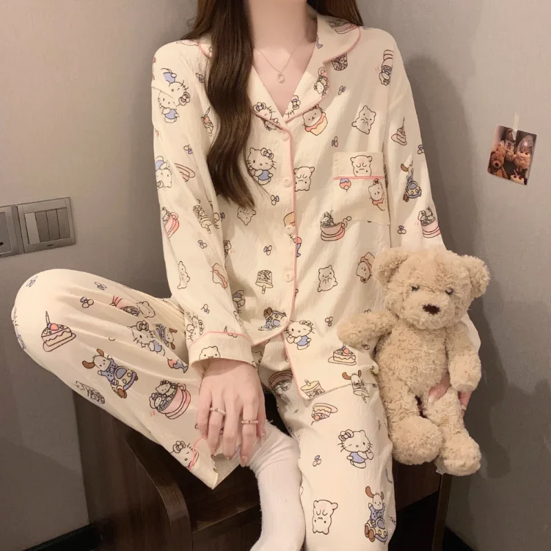 Pyjama Hello Kitty en pur coton pour la maison, pantalon à manches longues, ensemble 2 pièces, dessin animé Sanurgente, décontracté, respirant, automne, nouveau