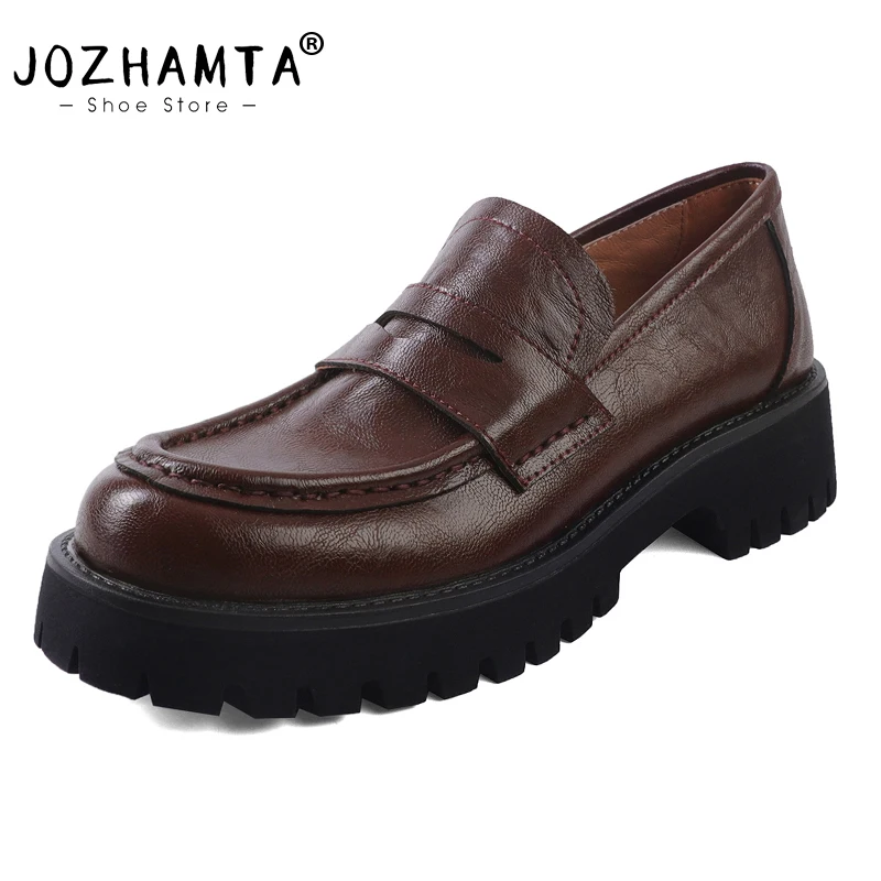 JOZHAMTA Women Vintage Pumps Casual Loafers Genuine Leather Platform Shoes Thick Mid Heels Shoes Office Lady Dress Size 34-39