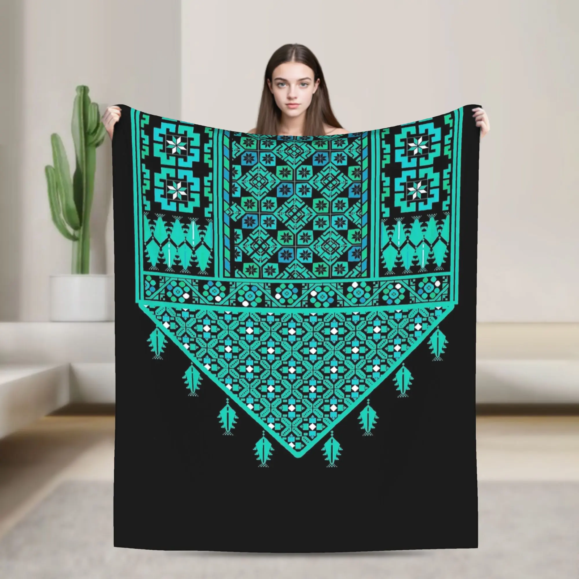 Palestinian Embroidery Tatreez Cross Design Blankets Picnic Flannel Throw Blanket For Living Room Warm Soft Bedspread Gift Idea
