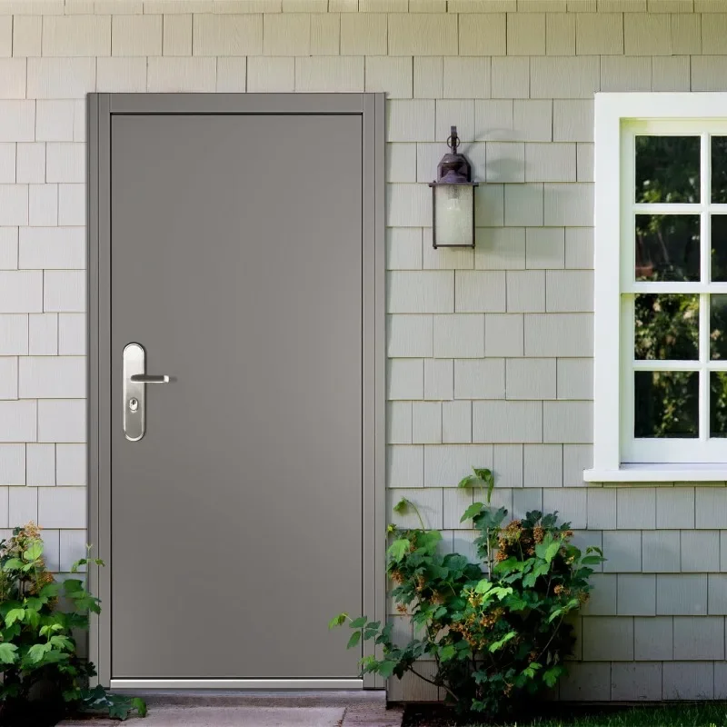 

Quick-install steel security door with frame and hardware, right side inward hinge
