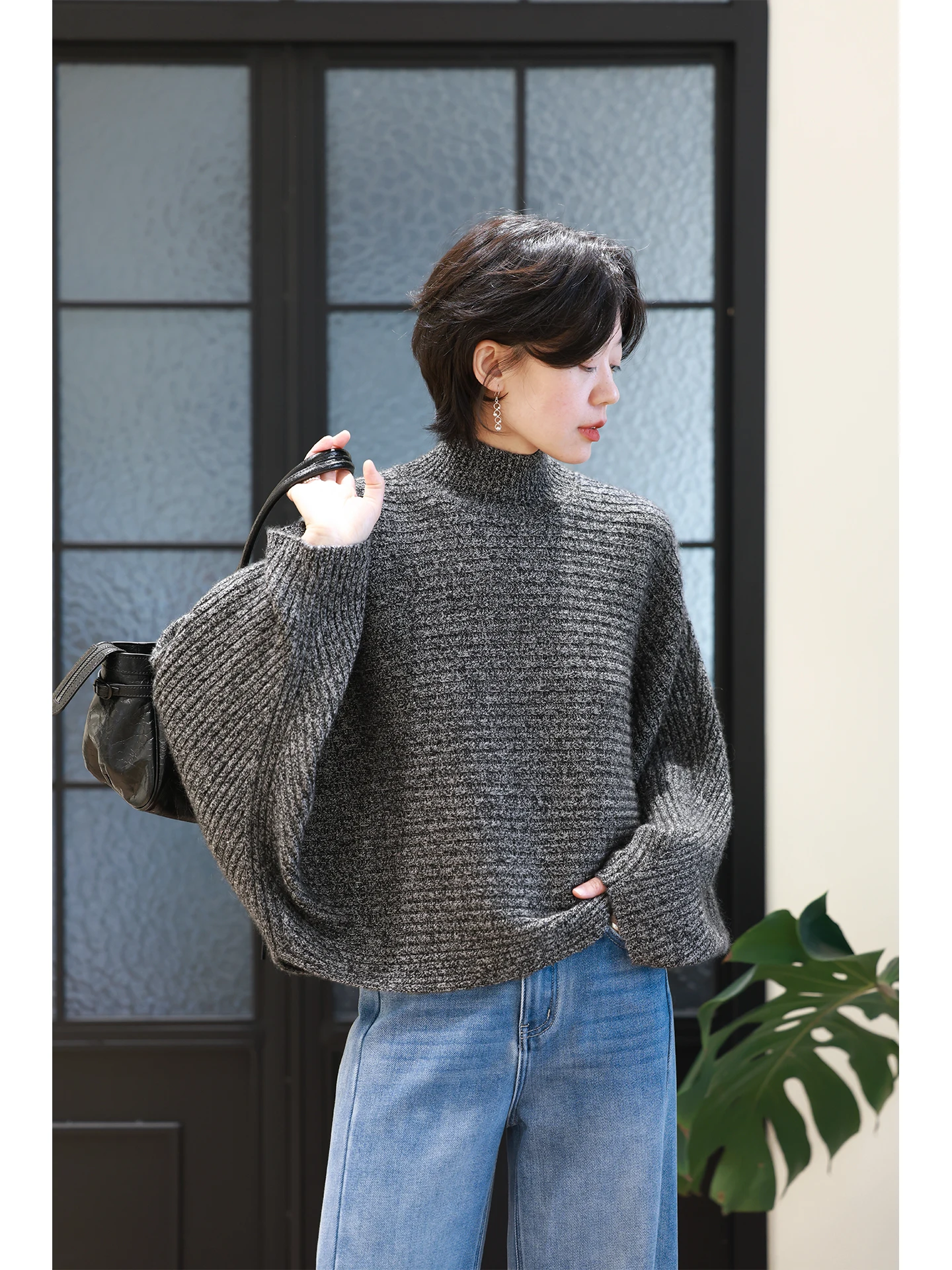 

Мягкий шерстяной свитер из кашемира для женщин, свободный крой, рукава «летучая мышь», вязаное пальто с высоким воротником, повседневная одежда для работы и отдыха