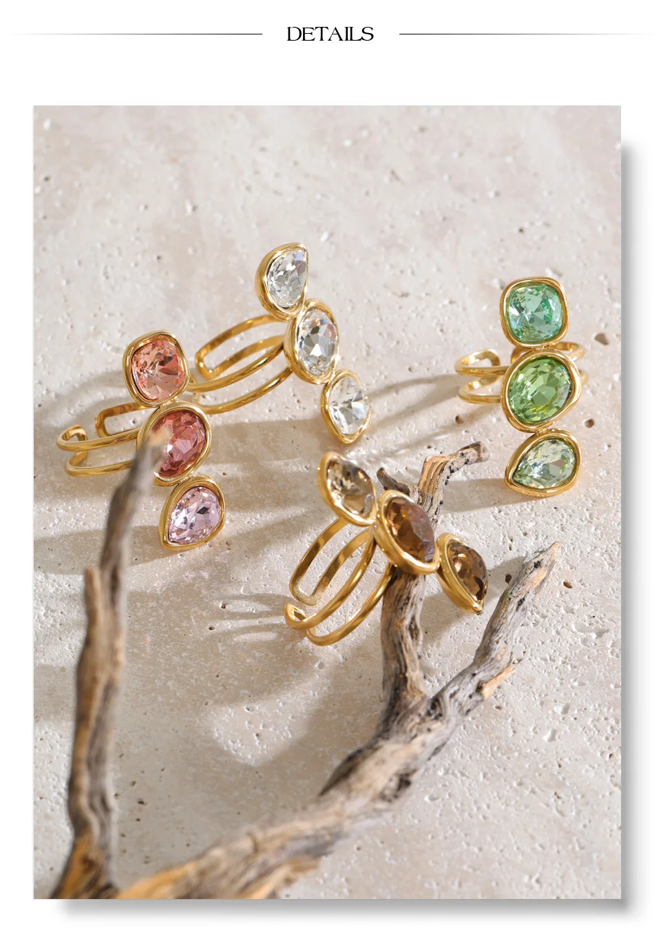 Yhpup Mehrfarbiger Edelstahl-Tropfenring mit quadratischem Kristall, offener, verstellbarer Ring, trendiger goldener Fingerschmuck. – Detail 7