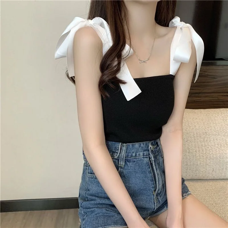 Elegant  Knot Strap Vest Women's Slimming Elastic Bottoming Shirt Trendy Short Style Triacetate Fiber 100%