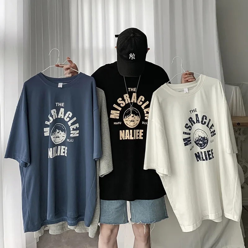 Loose T-Shirts Fashion Men's Tops O-Neck Letter Printed Harajuku Style Street T Shirt Summer Mens Casual Short-Sleeved Clothing