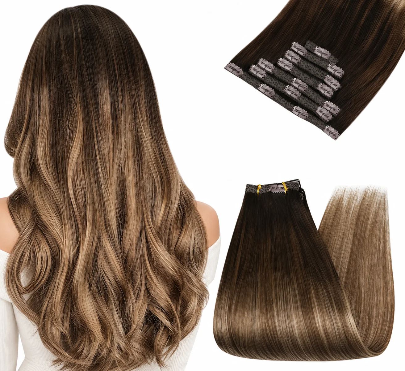 Ugeat Clip In Hair Extensions Human Hair Real Remy Hair Highlight Blonde Color Full Head Balayage Bralizian Hair Extensions 7Pcs