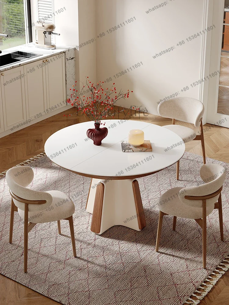 

LjyFrench cream wind retractable folding rock slab dining table household small solid wood round table