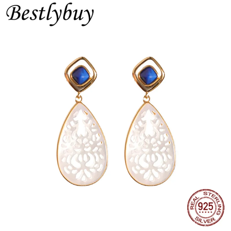 

925 Silver Gold-plated Natural Lapis Lazuli Earrings For Women Retro And Fashionable White Shell Hollow Carved Droplet Shaped