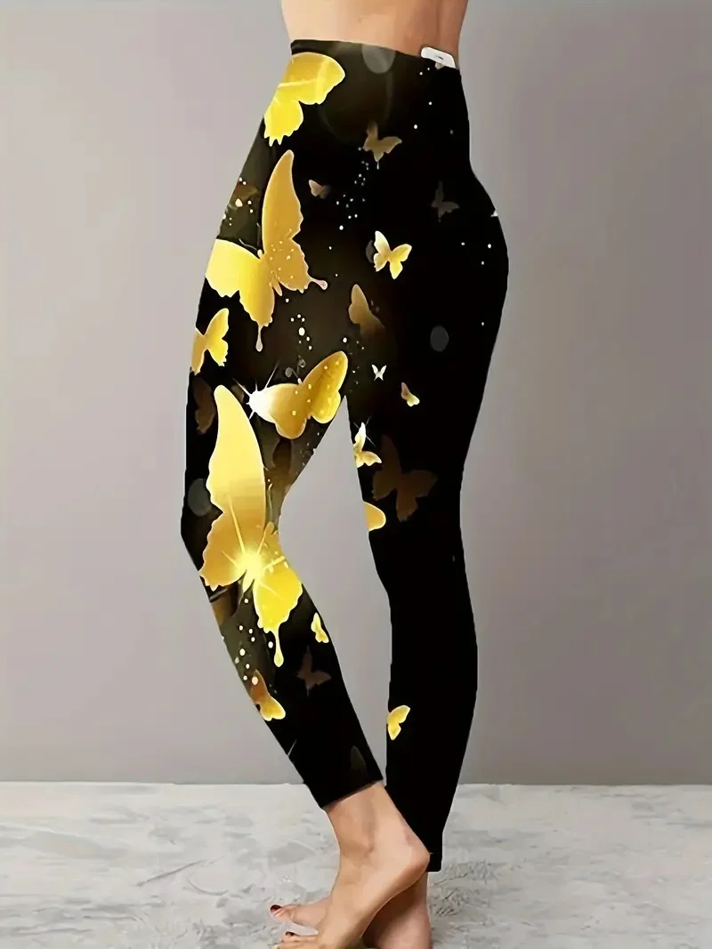 Butterfly print slim-fit elastic waist leggings for women traveling everyday wea