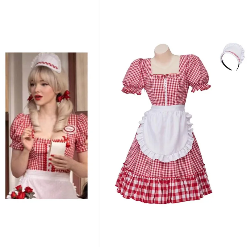 Musical Schmigadoon Lady Betsy Cosplay Costume Waitress Dress Sexy Plaid Dress With Apron Set For Women  Uniform