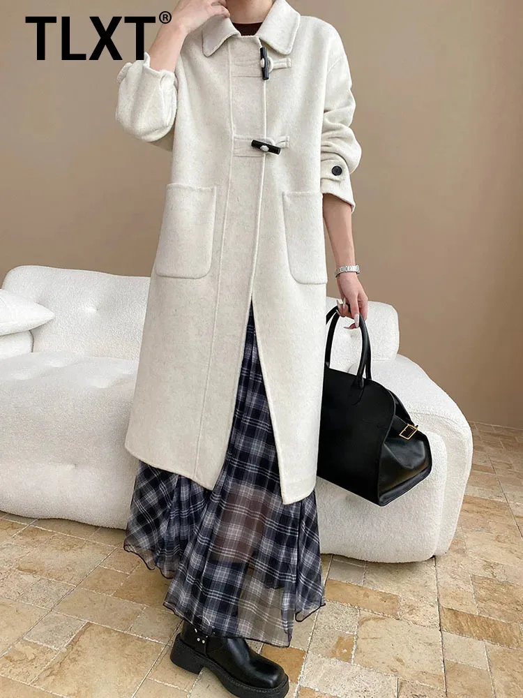 

TLXT элегантные женские шерстяные пальто с лацканами и длинными рукавами, роговые пуговицы, шелковое шерстяное двустороннее пальто, женское зимнее пальто 202, новинка