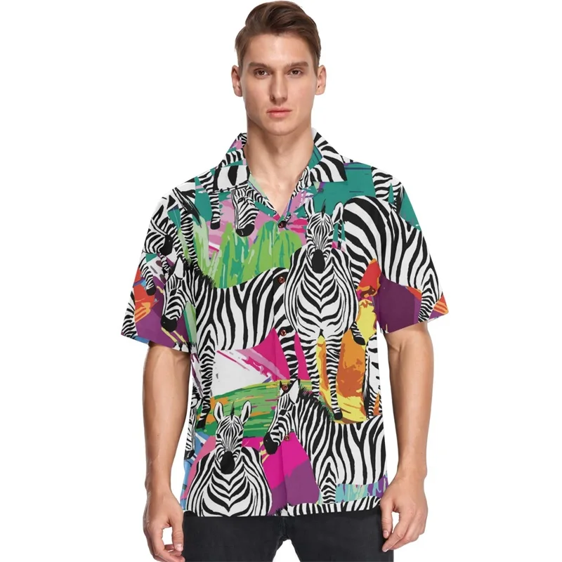 Mens Casual Button Down Beach Shirts 3d Print Colorful Graffiti Zebra Pattern Hawaiian Shirt Mens Short Sleeve Aloha Shirt