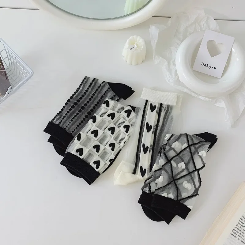 Fashion pointed Crystal Silk Socks Ultra-thin Harajuku Retro Crew Socks 3D Sexy Lace Mesh Fishnet Transparent Woman Sock Summer