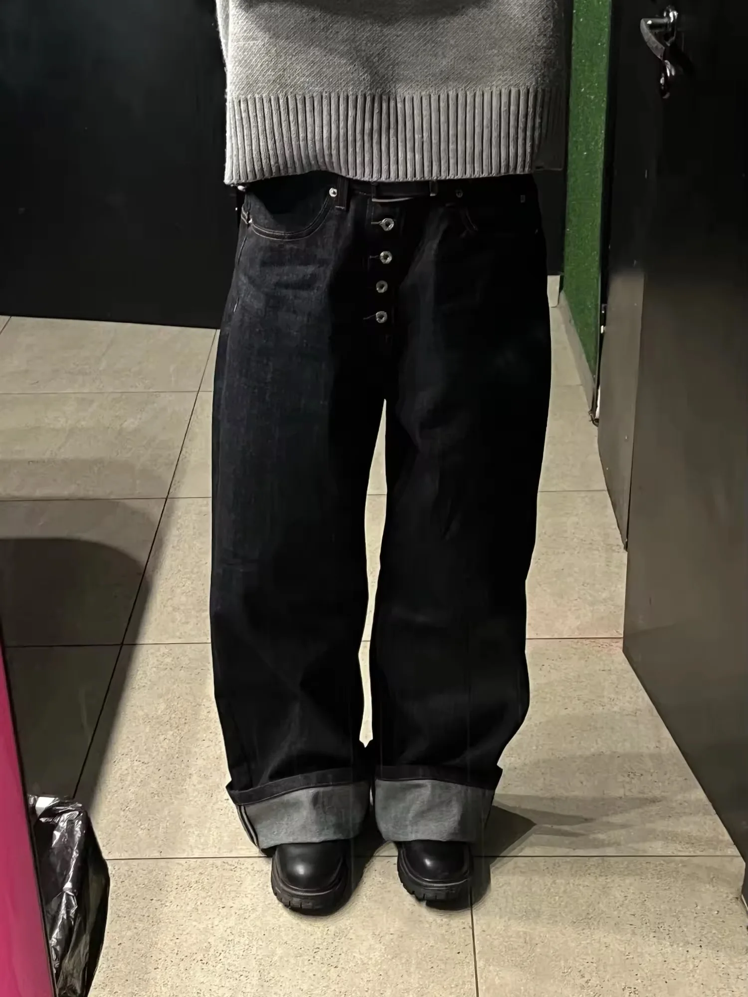 

New men's simple and versatile black raw cow wide-leg washed jeans premium puree denim gender-neutral casual scimitar style