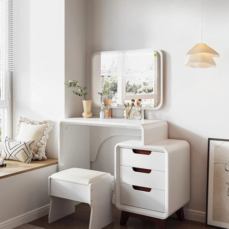 

Retractable Makeup Table Bedroom Small Apartment Storage Chest Integrated Dresser Vanity Desk With Light Mirror With Seat White