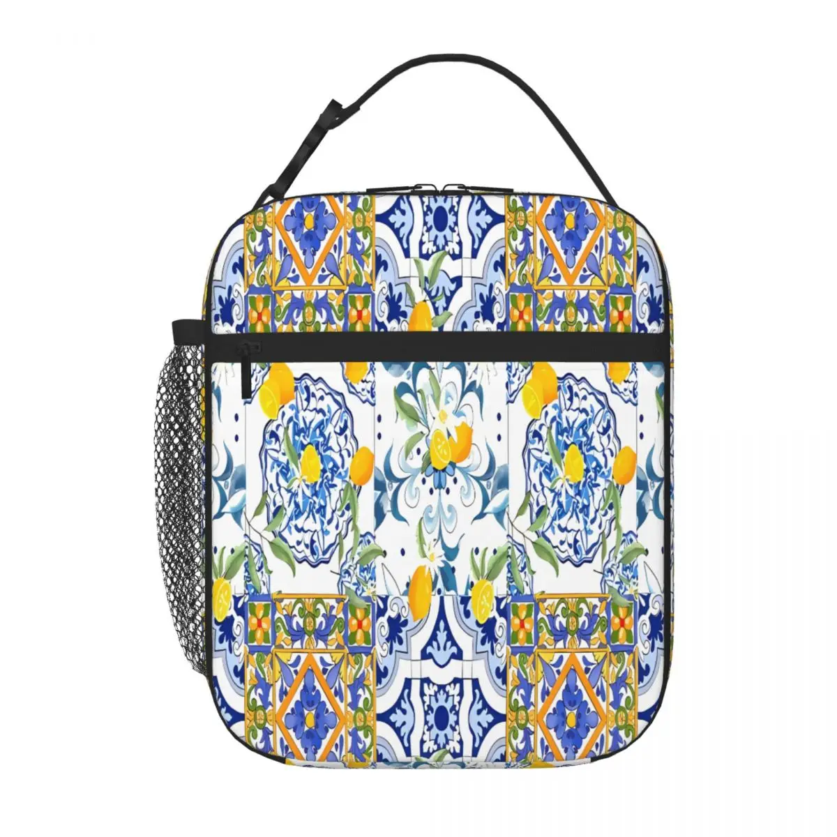 Bestselling Summer,citrus,mosaic Background ,Mediterranean Plain Design Student Lunch Bag Student Daily Food Storage Bag