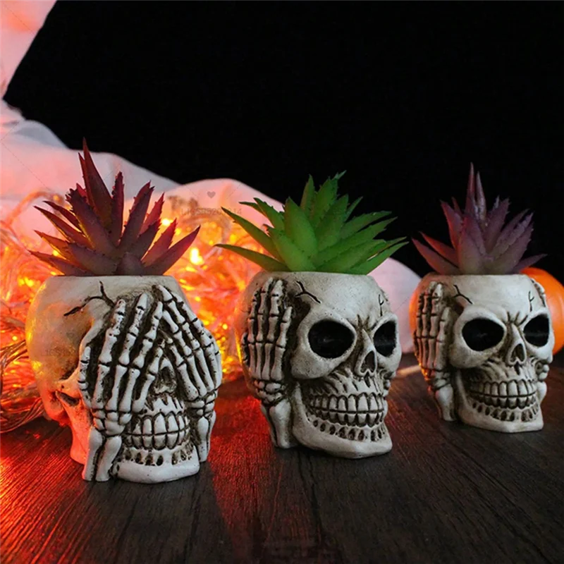 VC-3Piece Skull Head Flower Pots Gothic Skeleton Planter Container Halloween Ornament