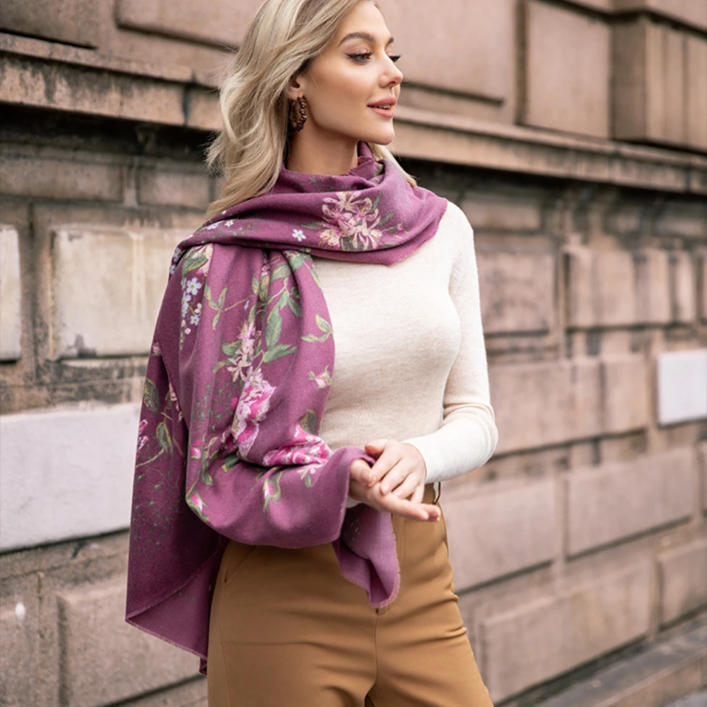 Rose Flower Cashmere Scarf for Women Ethnic Style Tassel Printed Luxury Designer Shawl Winter High-end New 190*65cm