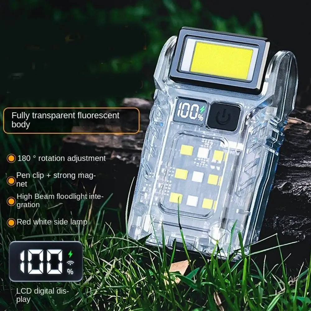 

Type-C Rechargeable Fluoresce Flashlight Rotatable Head Strong Light Camping Work Light COB LED Display Hat Clip Light Outdoor