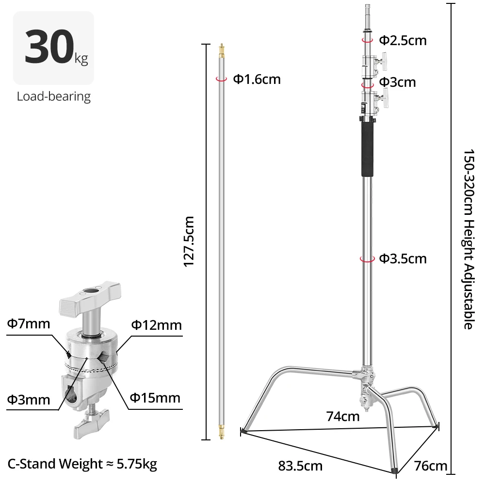 AMBITFUL Heavy Duty C-Stand 150-330cm Adjustable Steel Light Stand Photographic Sturdy Tripod for Flash Strobe Flag Reflecto