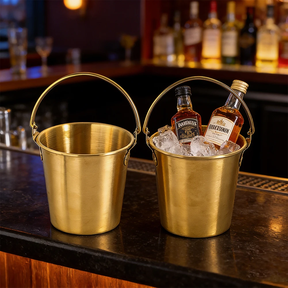 Gold Plated Stainless Steel Mini Bucket with Handle Suitable for Bar Ice Holder Snack Container and Party Decoration Storage