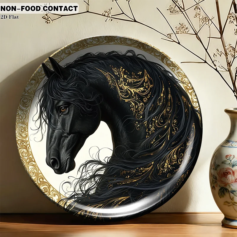 1pc Ceramic Decorative Plate, Golden Black Horse Portrait Art Decorations, (For Decorative Purposes Solely, NON-FOOD CONTACT) -