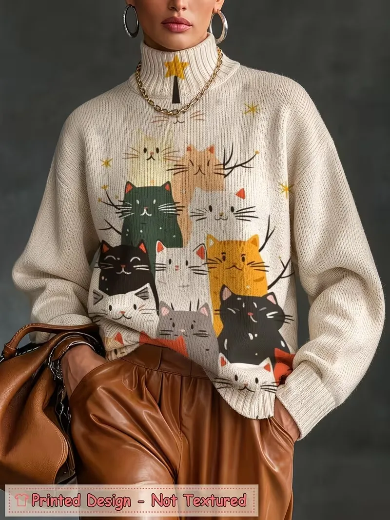 Autumn Winter Women Turtleneck Top Retro Abstract Swirl Green Brown Print Long Sleeve Loose Casual Ladies Pullover Daily T shirt
