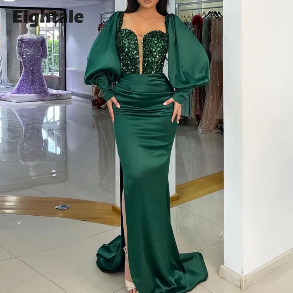 

Eightale Dark Green Evening Dresses Sweetheart Long Sleeve Sequined Satin Prom Party Gown Formal Occasion Vestido De Festa