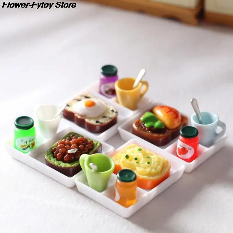 5 pz/set Dollhouse MIniature Toast Bread Jam Dinner Plate Cup Spoon For Doll House Play Kitchen Accessoreis Multicolor