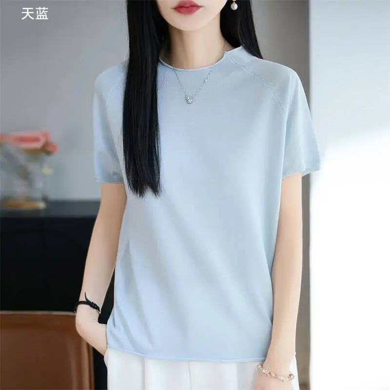 Summer New Knitted Short Sleeve T-shirt for Women, Loose and Versatile Curled Edge Round Neck Fashionable Half Sleeve Thin Style