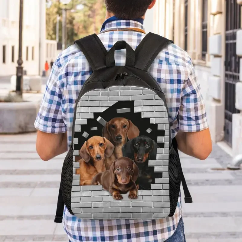 Mochila con estampado 3D de perro salchicha en ladrillo de cemento para hombre, bolsas de viaje universitarias para ordenador portátil de 15 pulgadas