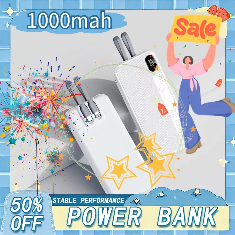 

New product power bank with 10000mAh large capacity, built-in dual cables super fast charging digital display for convenience