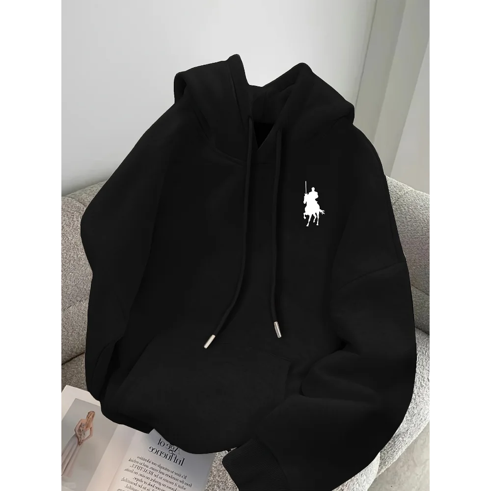 سويت شيرت بقلنسوة للرجال وملابس الشارع مع طباعة نمط الفارس، ملابس رياضية بيضاء هاراجوكو، سترات بغطاء للرأس للرجال #1