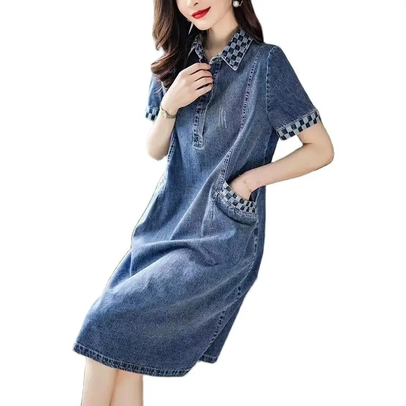 Short-sleeve Stitching Shirt collar Denim Dress 2023 New Summer Loose Jeans Dress With pockets Women's All-match Casual Dresses