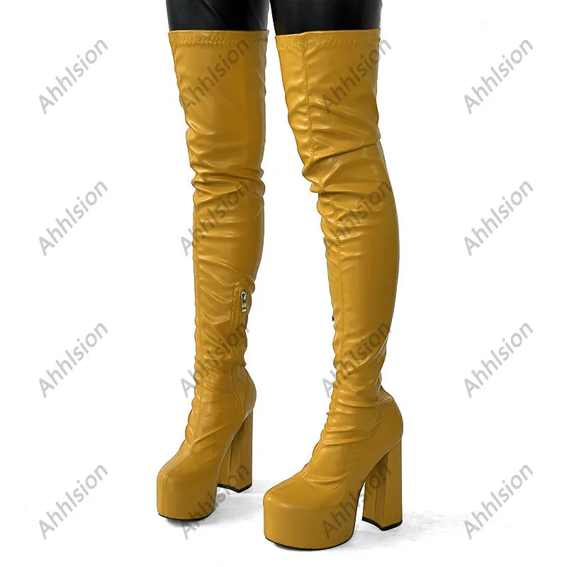 Ahhlsion New Women Spring Flexible Thigh Boots Chunky Heels Round Toe Beautiful Red White Cosplay Shoes Ladies US Size 5-20 - view 4