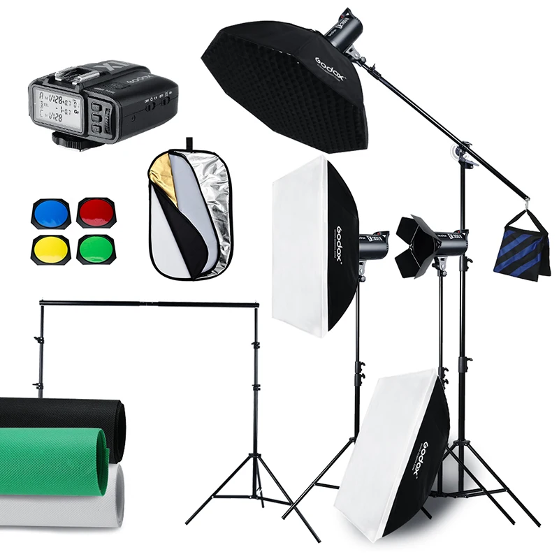 

900W Godox DE300 II 3x 300W Photo Studio Flash Lighting,Softbox, Stand, 2X3M Background Cloth, Background Bracket Photography