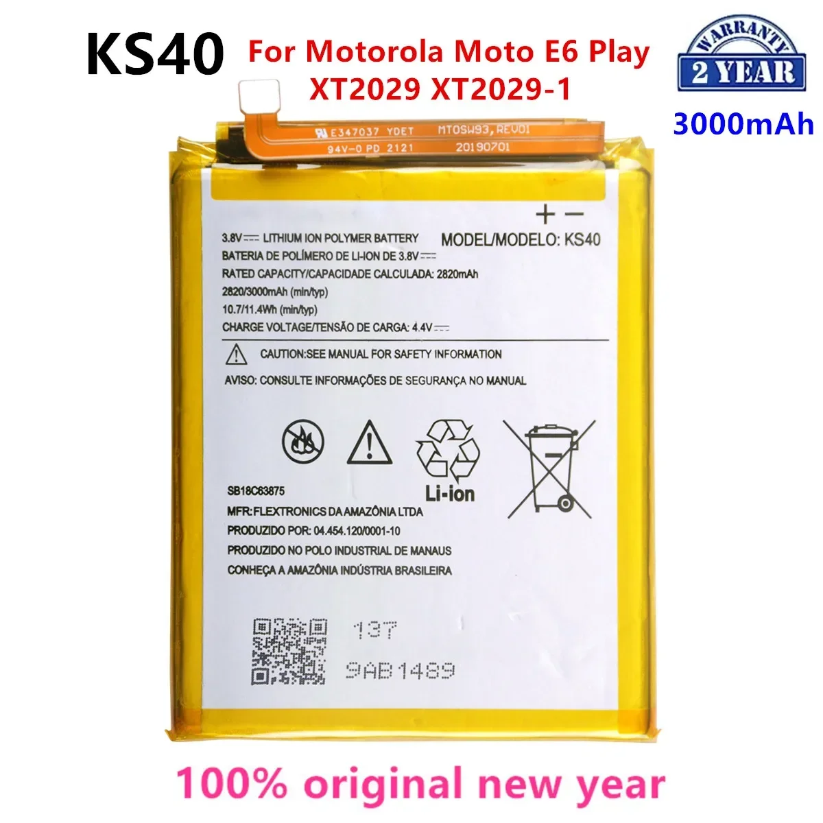 Ks40-バッテリー,オリジナルの電話バッテリー,e6再生,xt2029,XT2029-1, 3000mah,100%