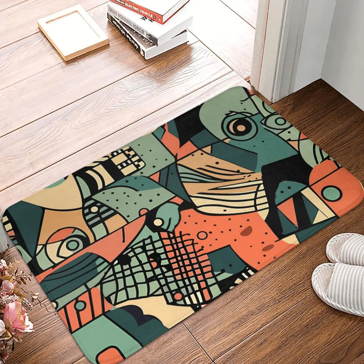 Edgy Harmony Green And Orange Cubism Abstract Art Seamless Pattern Non-Slip Carpet Doormat Bedroom Bathroom Mat Floor Rug